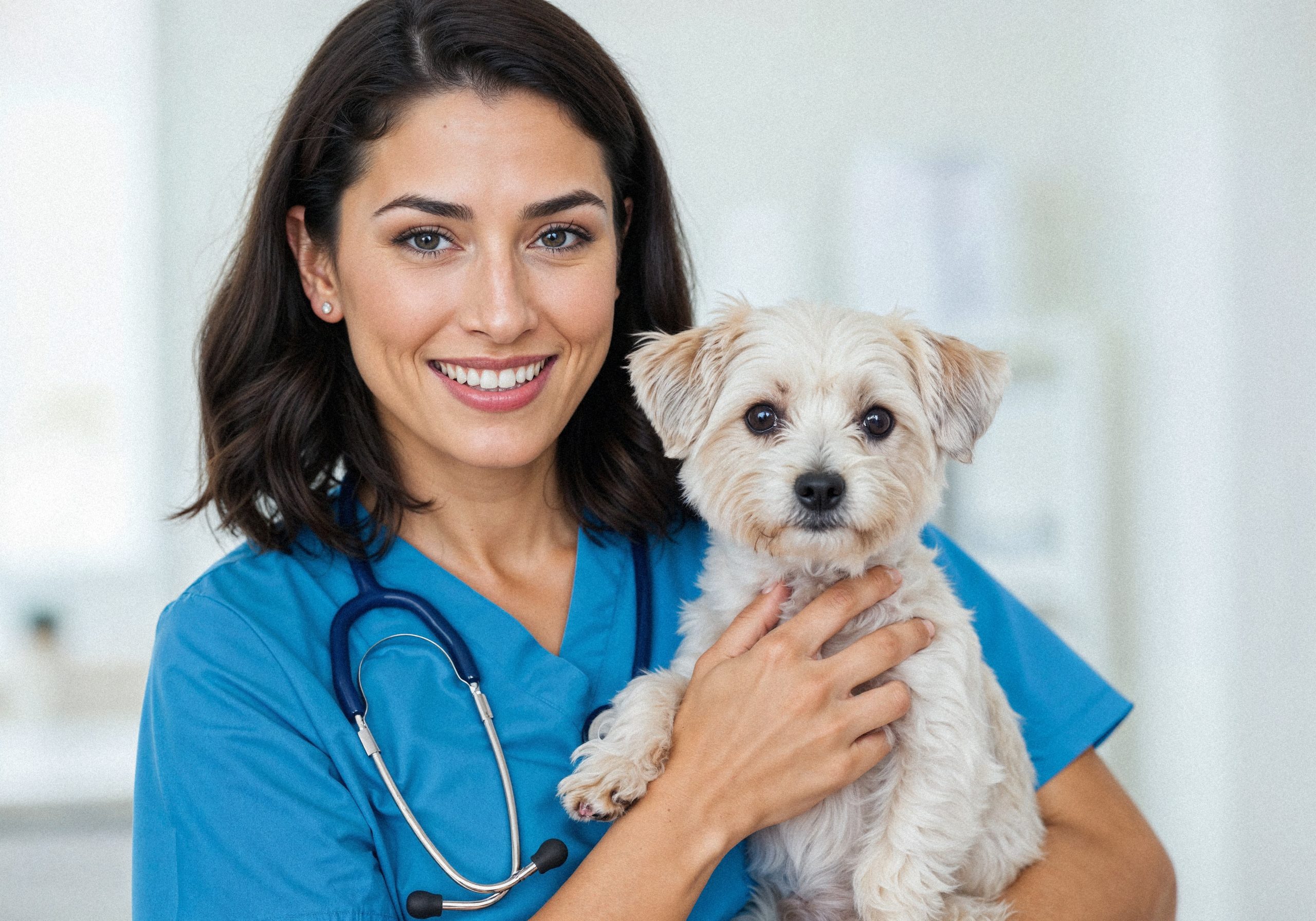 veterinarian with dog smiling clinic